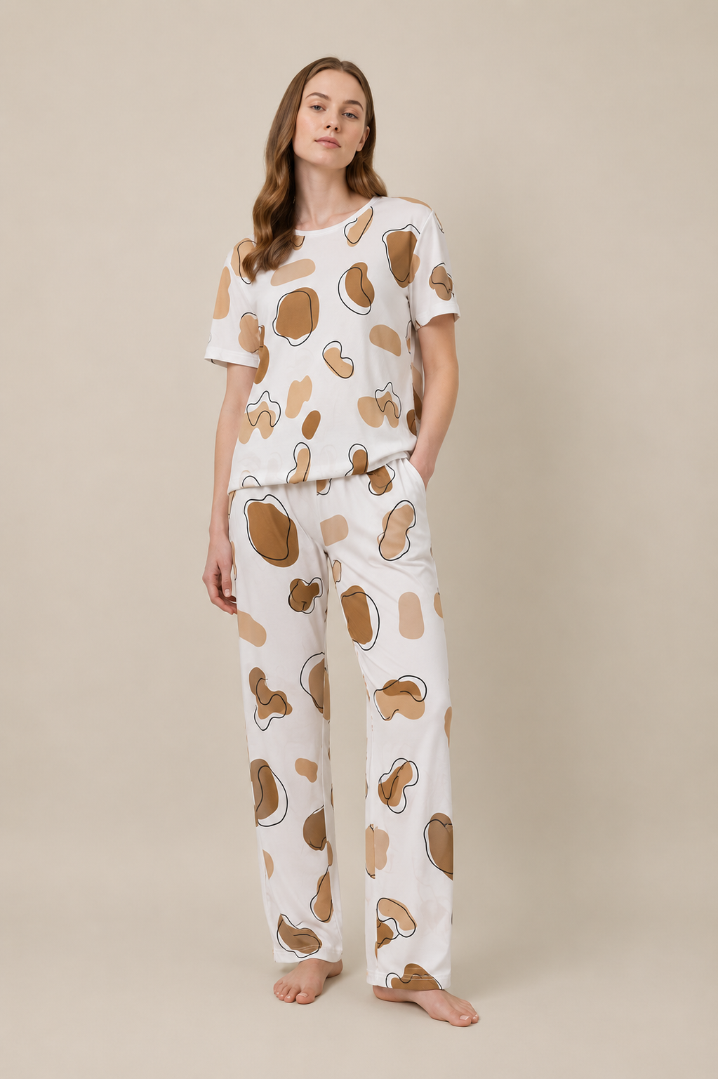 Women's Abstract Print Night Suit – White T-Shirt & Matching Pajama Set